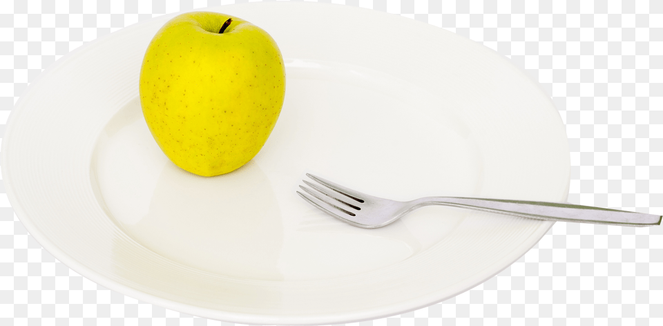 Apple And Fork On Plate Image Plate, Cutlery, Food, Fruit, Plant Free Png