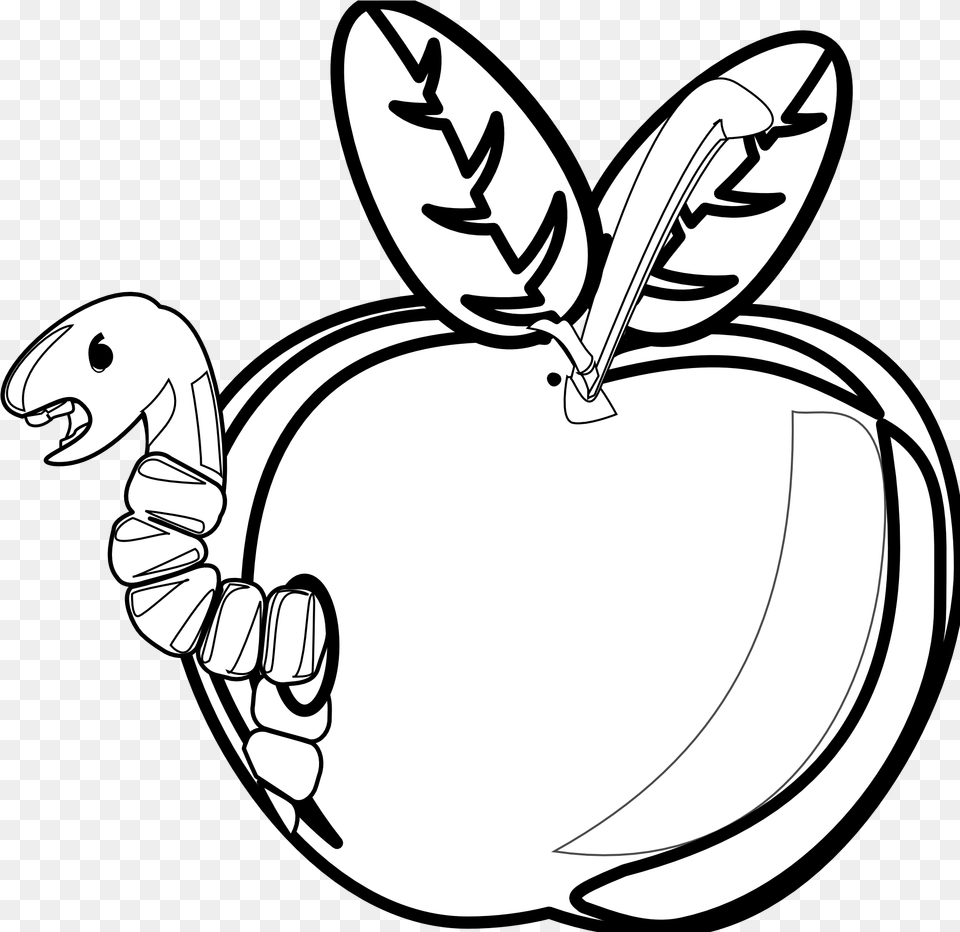 Apple Black And White Rg 1 Cartoon With Worm Rotten Apple Black And White Clipart, Stencil, Food, Fruit, Plant Png Image