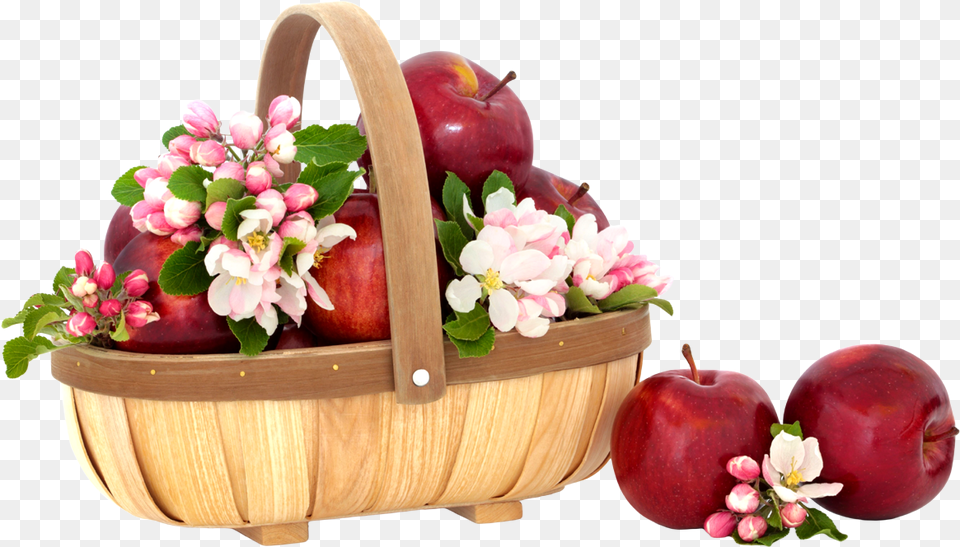 Apple Slice Canasta Con Manzanas Y Flores, Food, Fruit, Plant, Produce Free Transparent Png