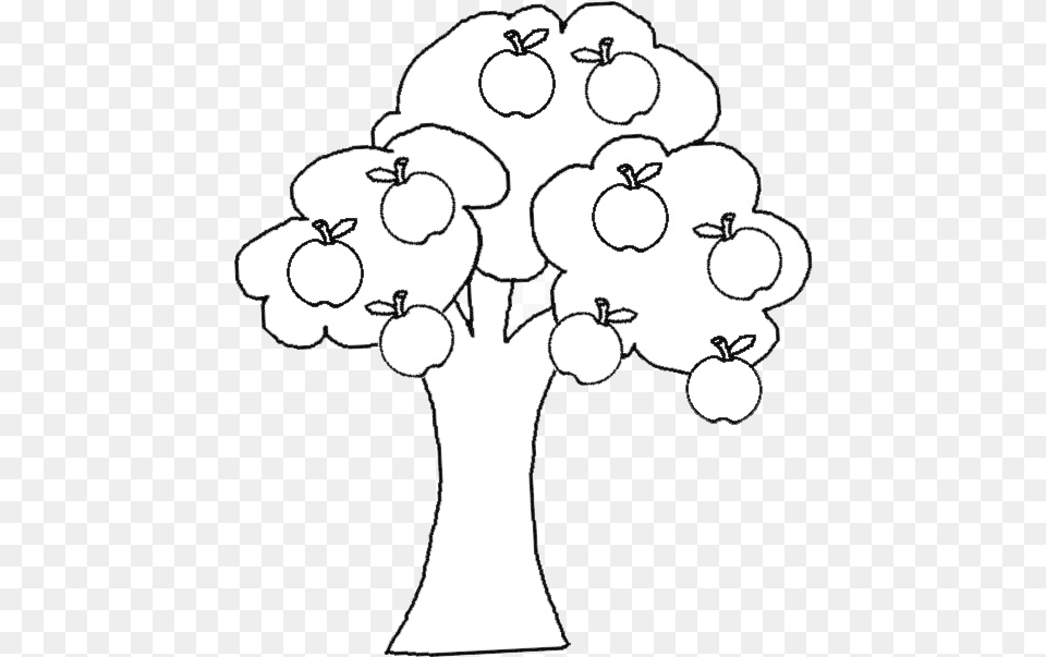 Apple Tree Black And White Cartoon Illustration Of Apple Tree For Coloring, Art, Drawing, Baby, Person Png Image