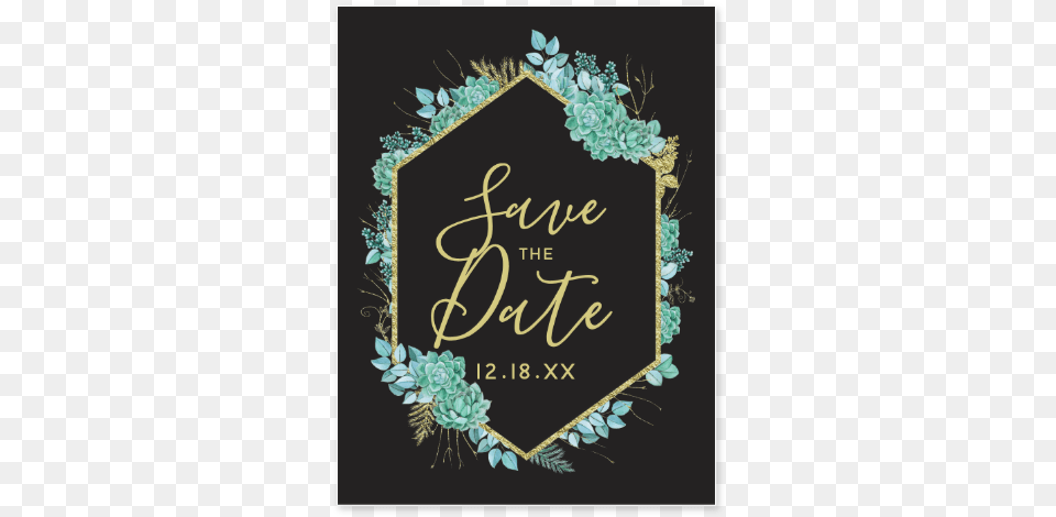 Aqua Teal Watercolor Succulents Gold Foil Frame Amp Black Wedding Invitation, Envelope, Greeting Card, Mail, Blackboard Free Png Download