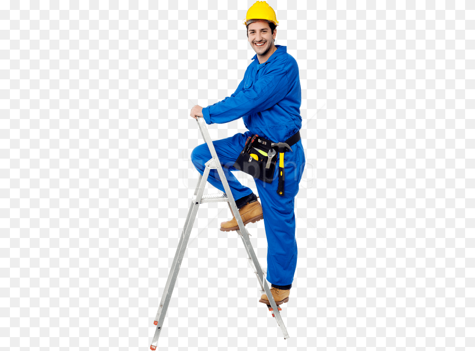 Architects At Work Images Transparent Worker In Ladder, Clothing, Hardhat, Helmet, Person Png Image