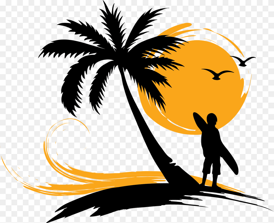 Arecaceae Surfing Sunset Clip Art Palm Tree Sun Vector, Silhouette, Plant, Palm Tree, Adult Free Png Download