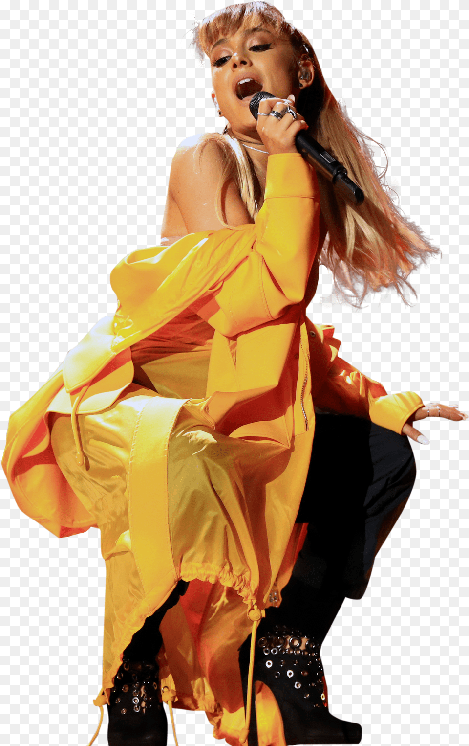 Ariana Grande In Yellow Dress On Stage Image Iheartradio Music Festival, Adult, Solo Performance, Person, Performer Free Png