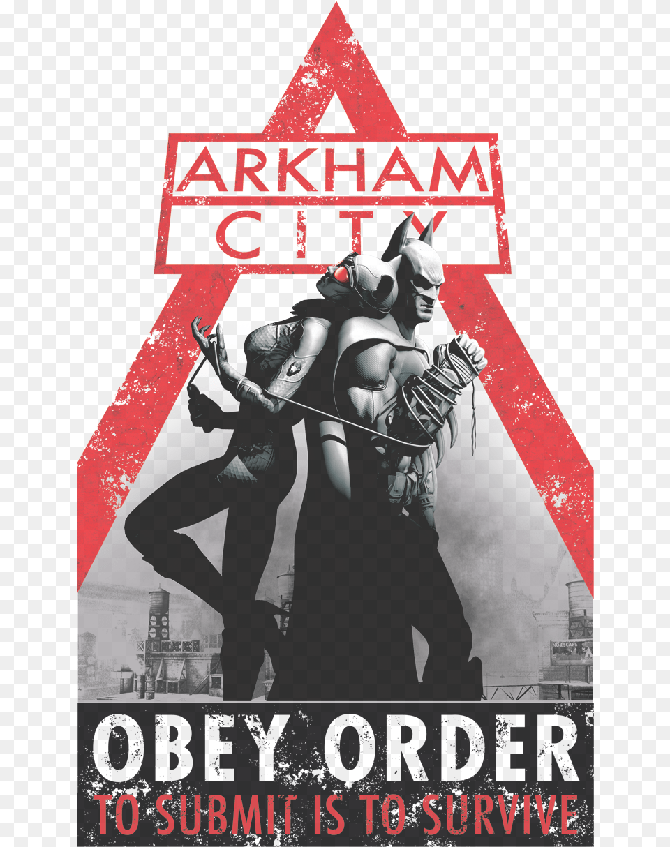 Arkham Obey Order Men39s Long Sleeve T Shirt Batman Arkham City, Advertisement, Poster, Adult, Person Png Image