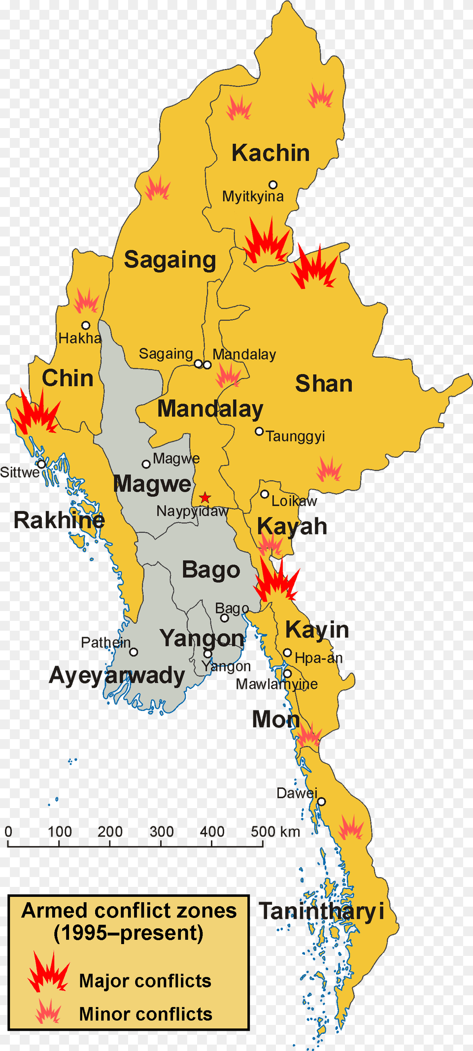 Armed Conflict Zones In Myanmar Map Of Myanmar, Atlas, Chart, Diagram, Plot Free Png Download