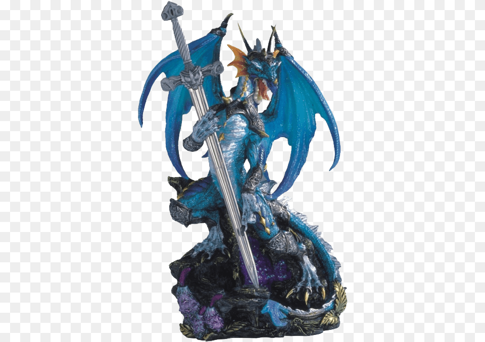 Armored Blue Dragon And Sword Statue Dragon With A Sword, Weapon, Knife, Dagger, Blade Png Image