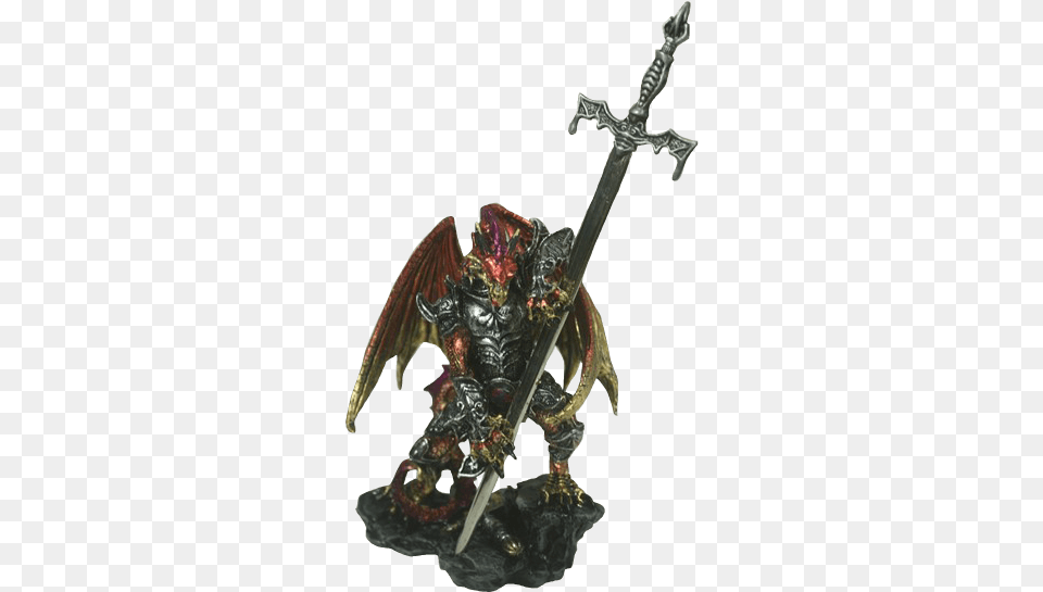 Armored Red Dragon With Giant Sword Statue Figurine, Weapon, Knife, Blade, Dagger Png