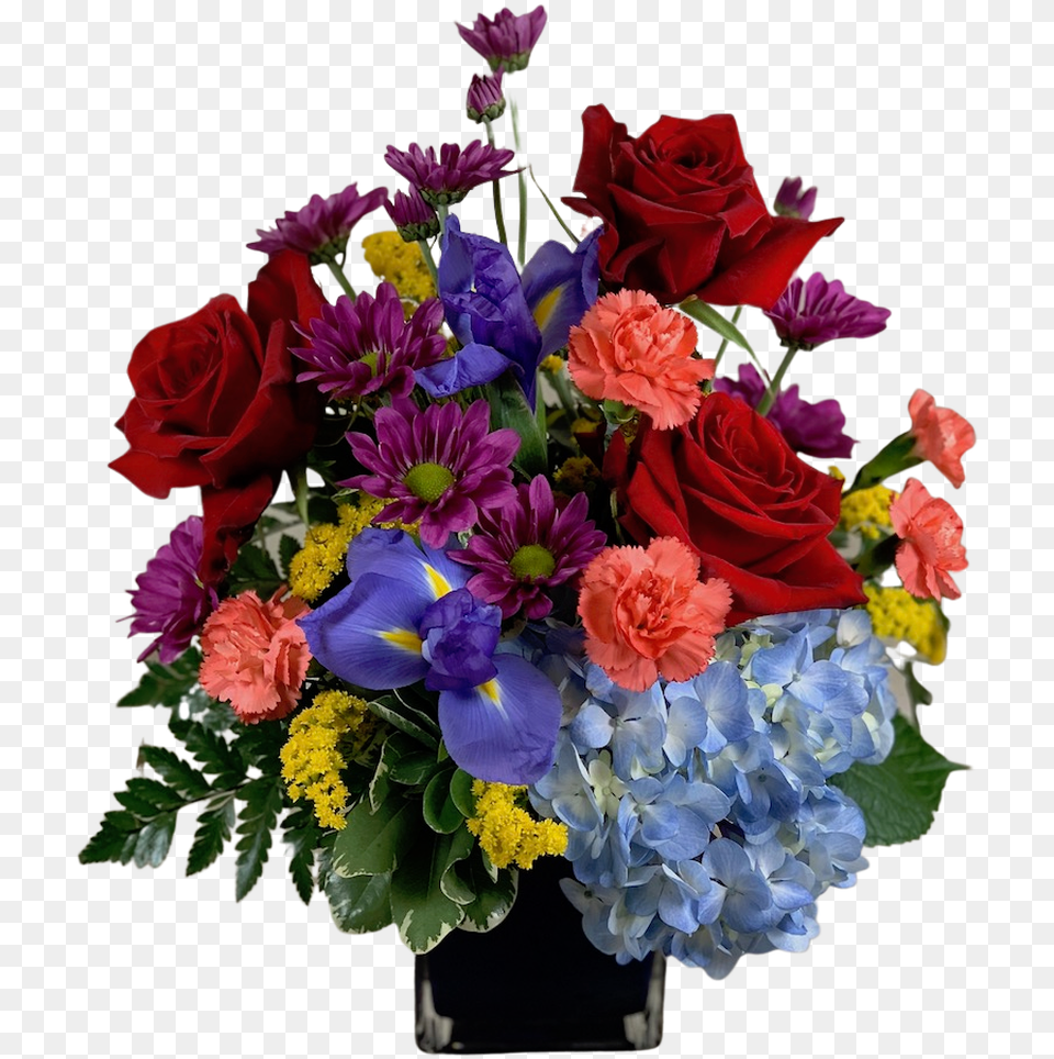 Arrangement Of Red Roses Blue Hydrangea Purple Iris Bouquet, Flower, Flower Arrangement, Flower Bouquet, Plant Free Png Download