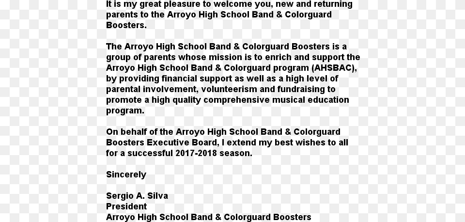 Arroyo High School Band And Color Guard 4921 N J Hope Thanks To Ynwa, Letter, Text, Page Free Png Download