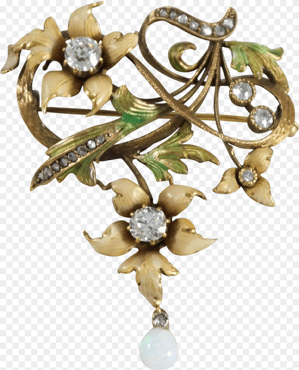 Art Nouveau 14k Yellow Gold Diamond Opal And Enamel Art Nouveau Floral Jewelry, Accessories, Brooch, Gemstone, Chandelier Free Png