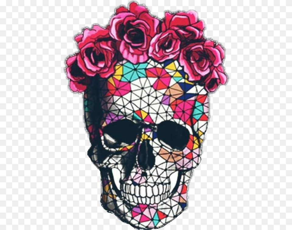 Art Skeleton Roses Tumblr Halloween Freetoedit Sugar Skull Tattoo Flower Crown, Painting, Graphics, Plant, Rose Free Transparent Png