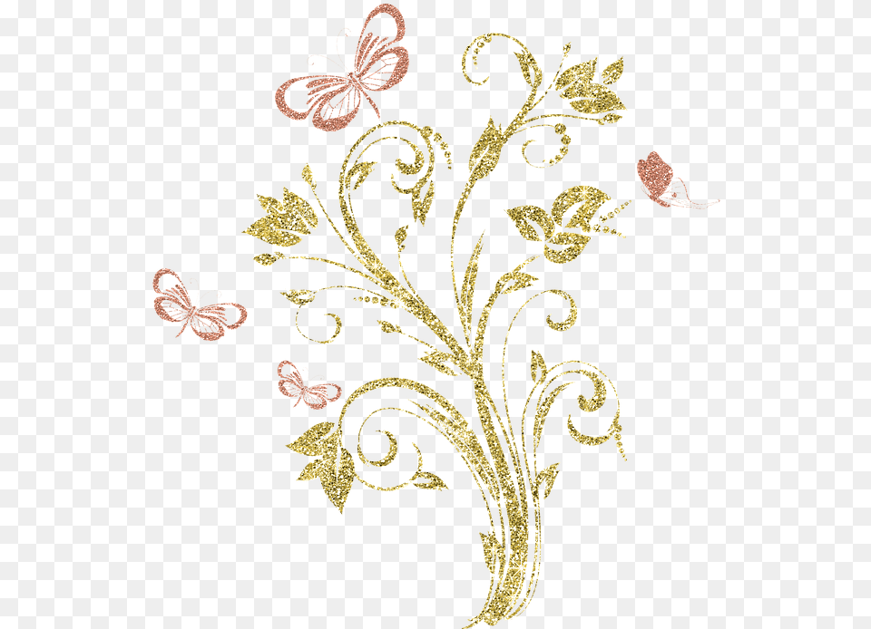 Artflowerpatternwall Sticker Transparent Gold Butterfly, Embroidery, Pattern, Plant, Art Free Png Download