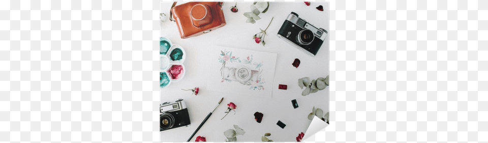 Artist Workspace With Vintage Retro Photo Camera And Camera, Accessories, Electronics, Digital Camera, Flower Free Png Download