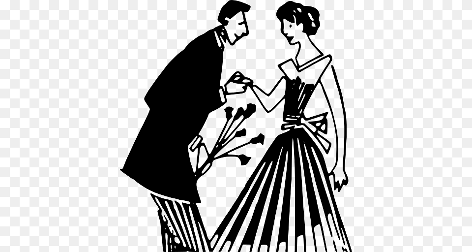 Artistic Drawing Of A Man Offering A Lady Flowers, Clothing, Dress, Person, Adult Png