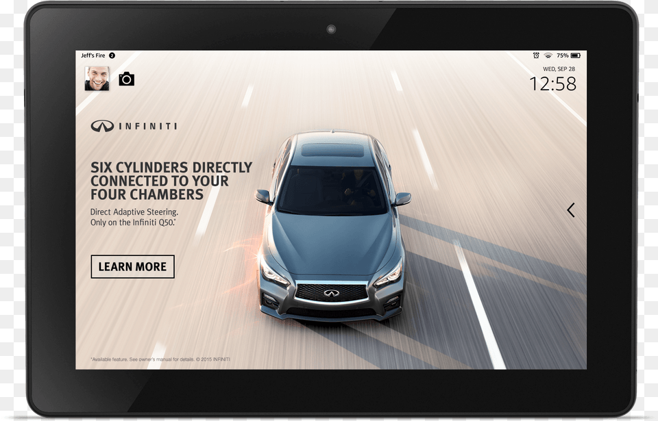 As A Key Component Of This Campaign Infiniti Ran The Fire Tablet Wake Screen, Car, Transportation, Vehicle, Electronics Free Png Download