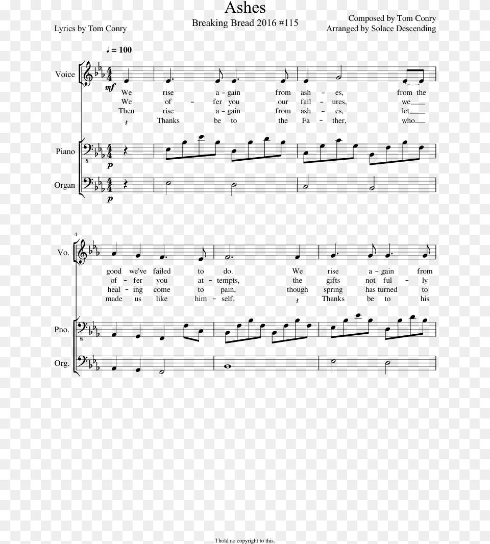 Ashes Sheet Music Composed By Composed By Tom Conry Sheet Music, Gray Free Png