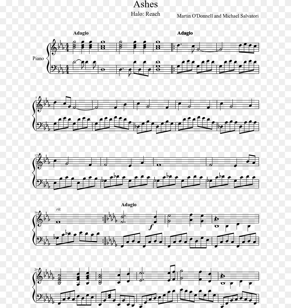 Ashes Sheet Music Composed By Martin O39donnell And Speak Softly Love Piano Sheet Music, Gray Free Transparent Png