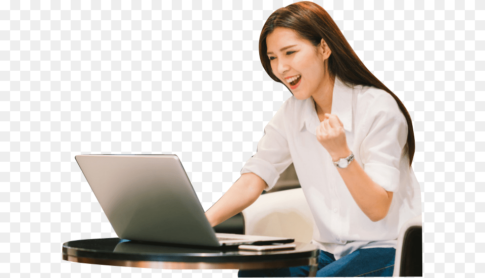 Asian Business Women Using Notebook And Smiling Happy, Computer, Electronics, Pc, Laptop Png