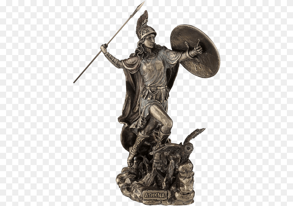 Athena Throwing Javelin With Owl Of Wisdom Athena Statue, Bronze, Adult, Male, Man Free Png