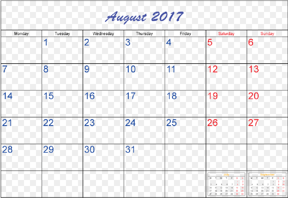 August 2017 Calendar Template Pictures, Text, Scoreboard Free Transparent Png