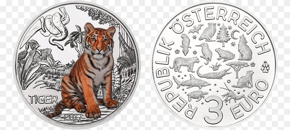 Austrian Mint Coin News Austria 3 Euro 2017, Animal, Mammal, Tiger, Wildlife Png