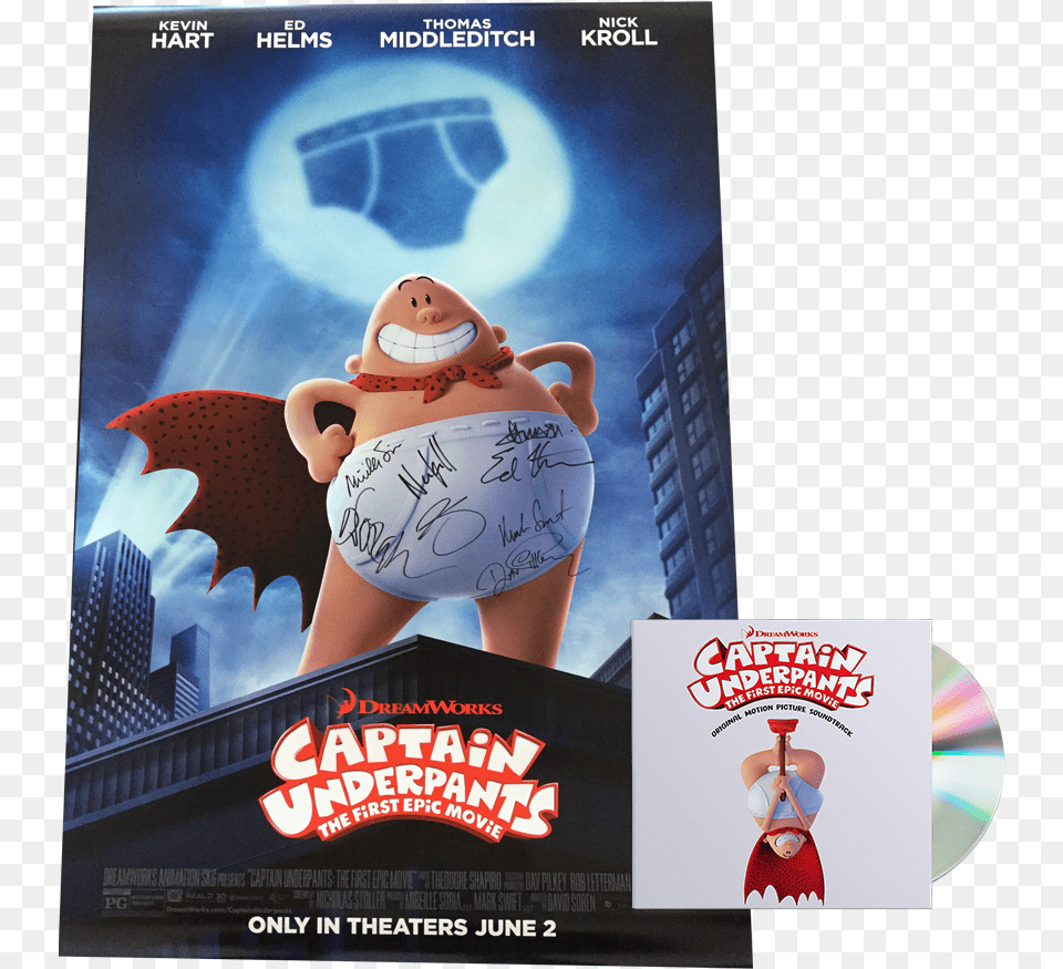 Autographed Poster Official Soundtrack Cd Captain Underpants The First Epic Movie, Advertisement, Baby, Person, Disk Free Transparent Png