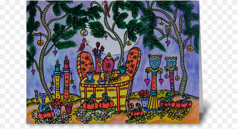 Autumn Night Tea Party Greeting Card Motif, Art, Doodle, Drawing, Painting Free Transparent Png