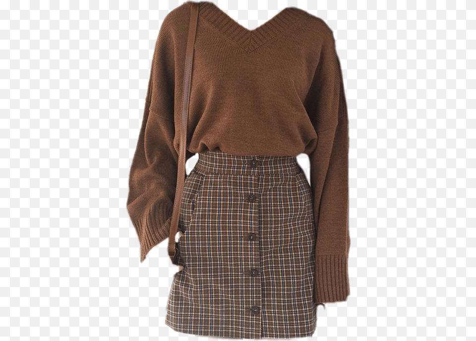 Autumn Outfit Ootd Plaidskirt Sweater Brown Vintage A Line, Clothing, Knitwear, Skirt, Coat Free Png Download