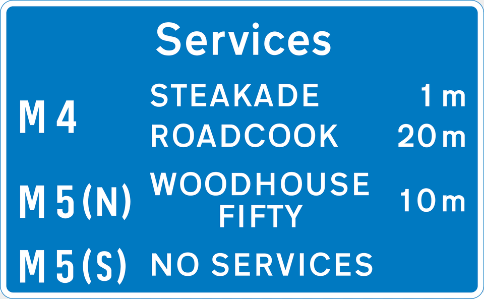 Availability Of Motorway Service Areas Ahead With Distances And Names Of Operators Clipart, Sign, Symbol, Text, Road Sign Png Image