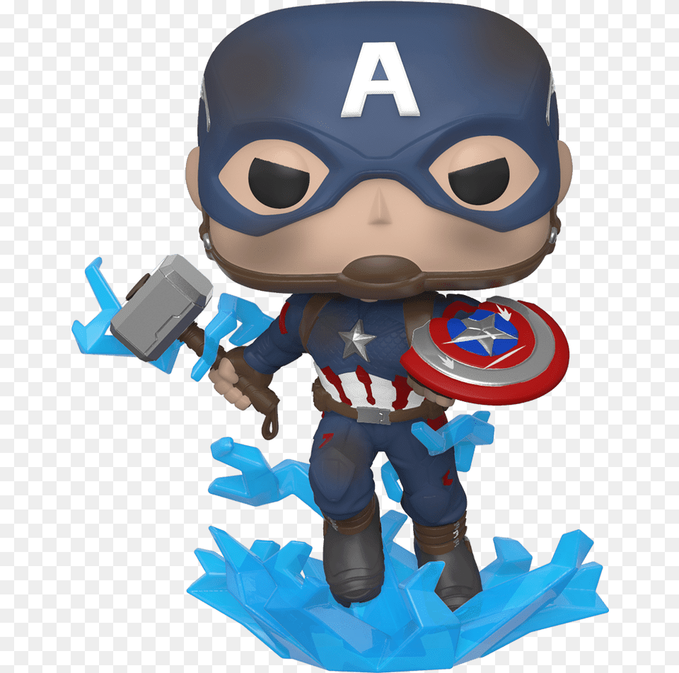 Avengers Endgame Funko Pop Captain America Mjolnir, Toy, Baby, Person, Clothing Free Png