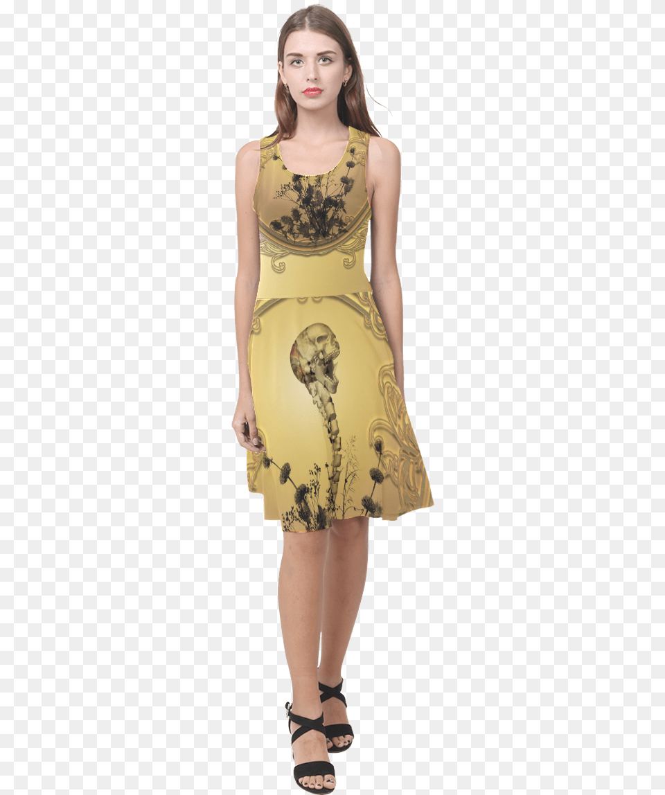 Awesome Skull On Golden Background Atalanta Casual Dress With Geometric Shapes, Adult, Sandal, Person, Formal Wear Free Png Download