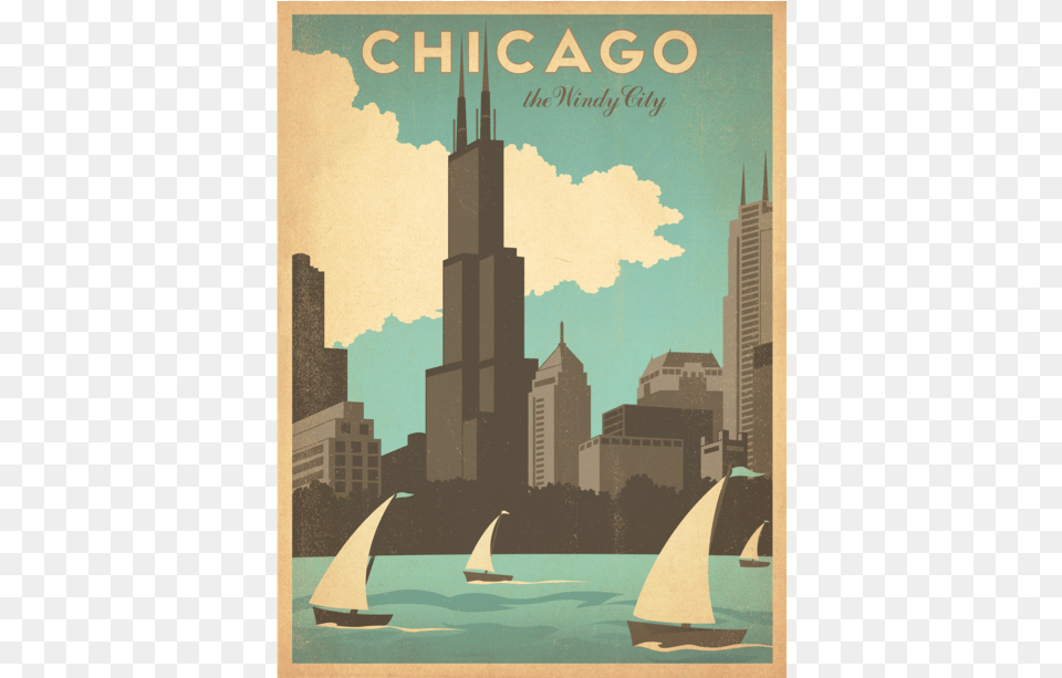 Awg Visit Chicago Chicago Art Chicago Poster Chicago Vintage Chicago Poster, Vehicle, Sailboat, Transportation, City Free Png Download