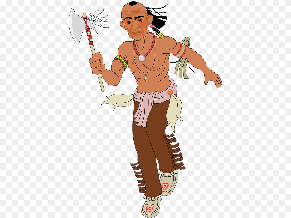 Axe Indian Running Warpath Man Fighter Indian Clipart Transparent, Person, Face, Head, Weapon Png