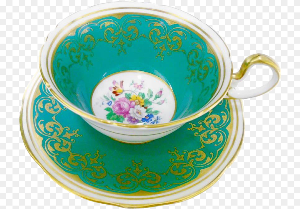 Aynsley Rose Center Dark Emerald Teal Green Tea Cup, Art, Porcelain, Pottery, Saucer Png Image