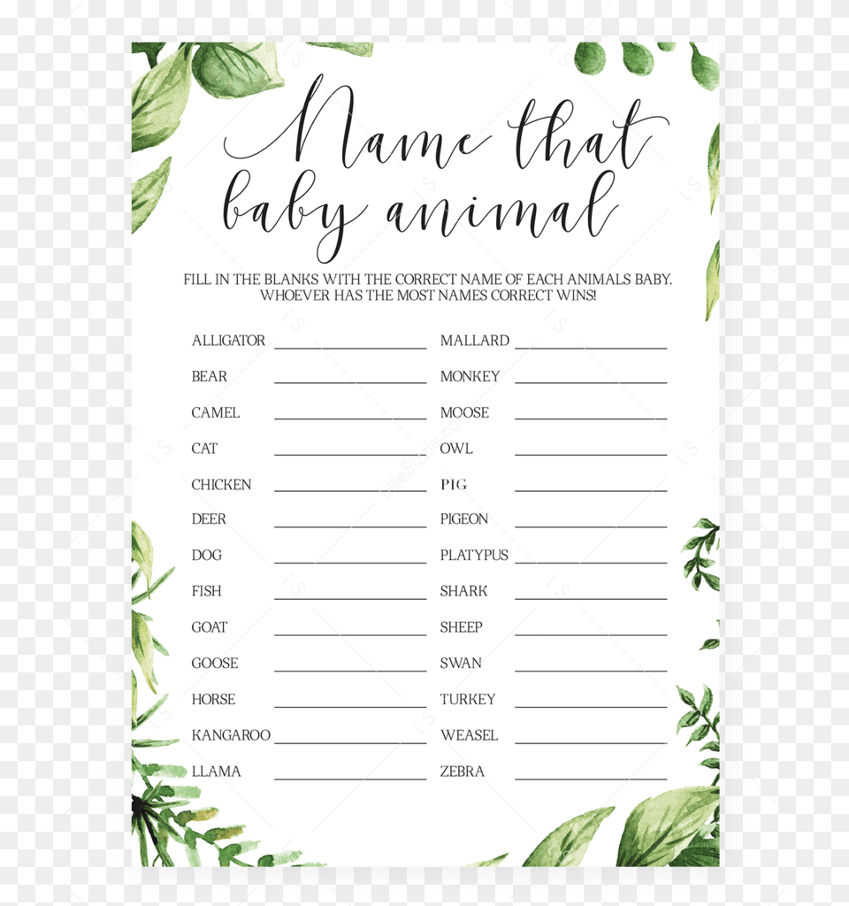 Baby Animals Name Quiz Printable Baby Shower Game By Knows Mommy Best Baby Shower Game, Page, Text, Menu, Blackboard Free Png Download