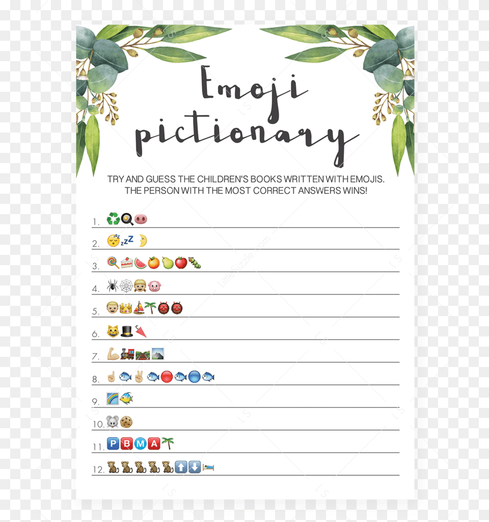 Baby Emoji Pictionary Game With Green Leaves By Littlesizzle Emoji Baby Shower Game Printable, Page, Text, Blackboard, Plant Png