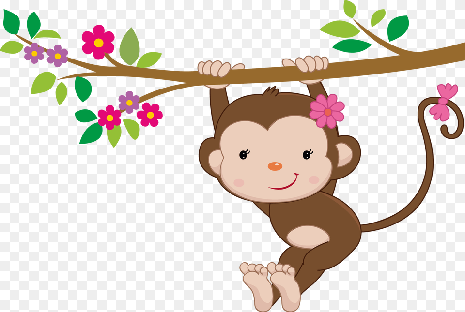 Baby Girl Monkey Clipart, Cartoon, Flower, Plant Png Image