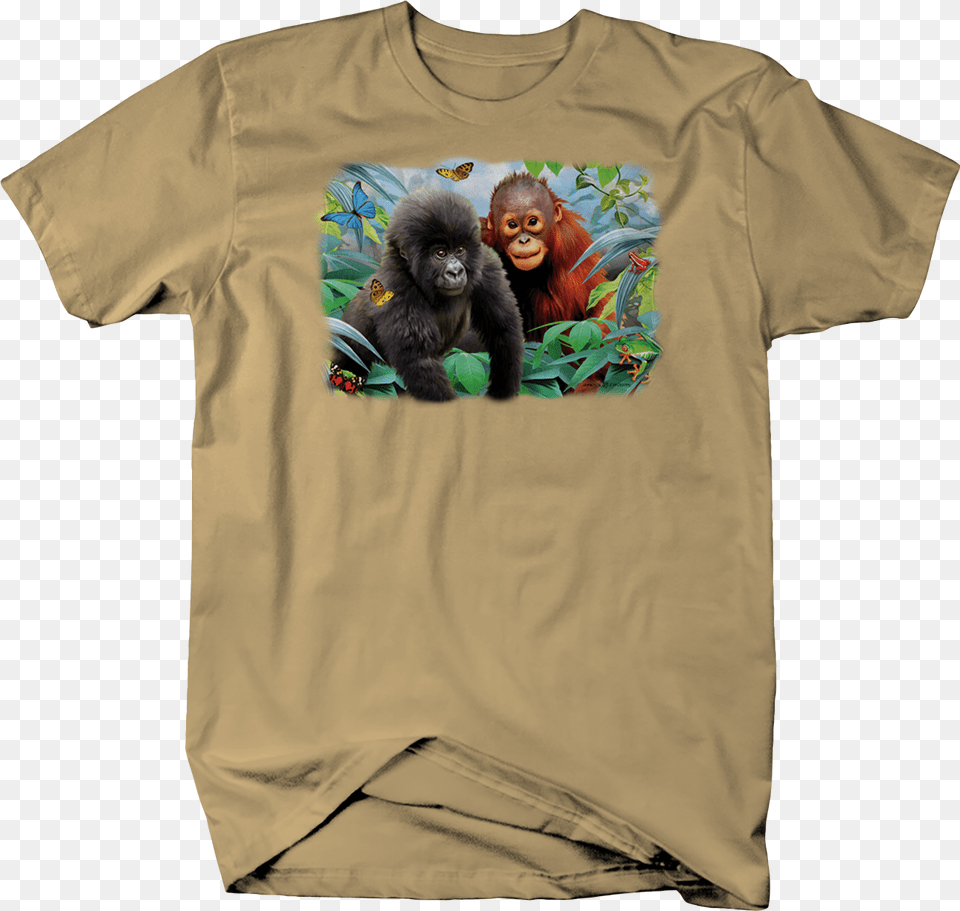 Baby Girlla And Baby Chimpanzee Sitting Jungle Shirt T Shirt, Clothing, T-shirt, Animal, Ape Free Png Download