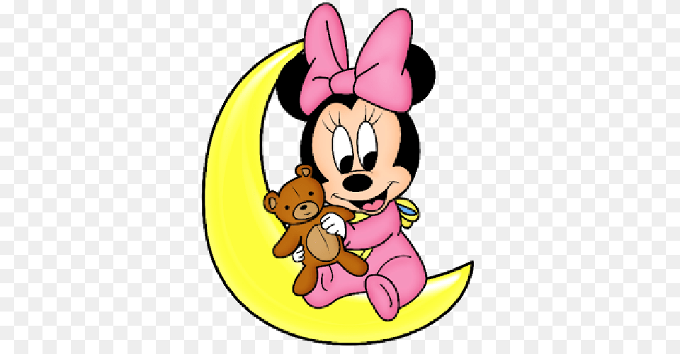 Baby Minnie Mouse Sitting On Yellow Moon With Teddy Bear Disney, Cartoon Png Image