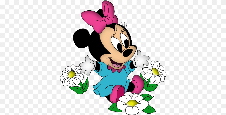 Baby Minnie Mouse With Pink Bow And Flowers Minnie Mouse With Flowers, Daisy, Flower, Plant, Cartoon Png Image