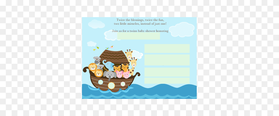 Baby Shower Invitations Noahs Ark Twins Blue, Advertisement, Poster, Cream, Dessert Free Png