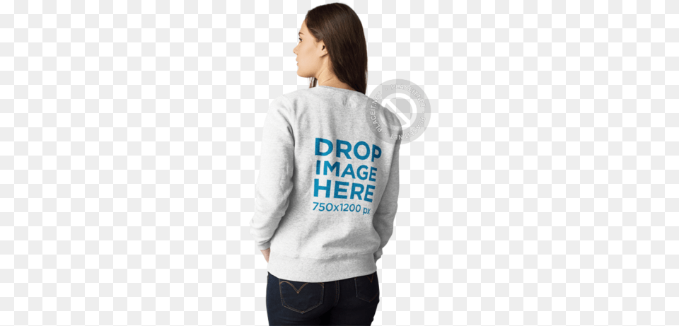 Back Of A Woman Wearing A Crewneck Sweater Mockup Against Girl, Hoodie, Clothing, Sweatshirt, Knitwear Png Image