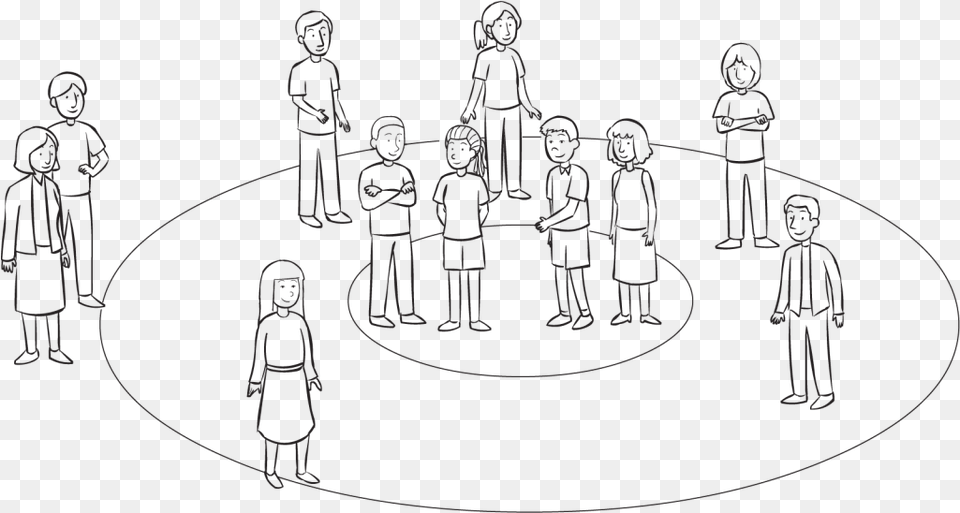 Back People Standing Over Area Covered By Three Concentric Line Art, Person, Drawing, Face, Head Free Transparent Png