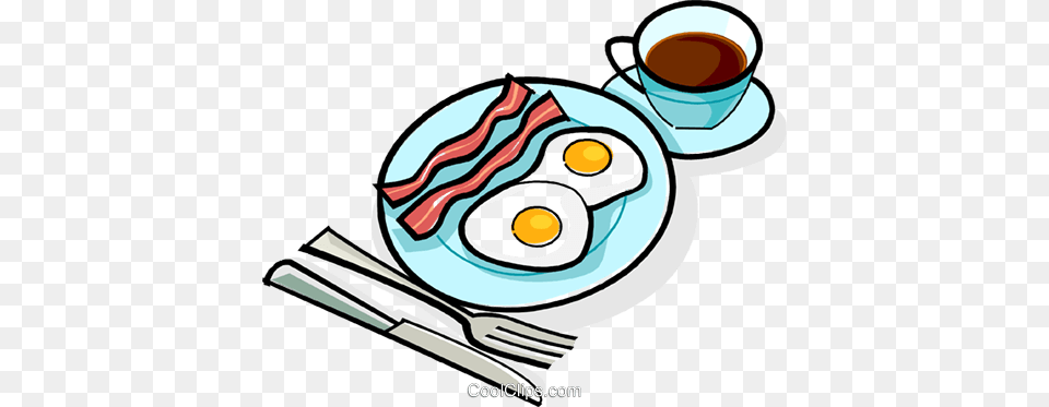 Bacon And Eggs Breakfast Royalty Free Vector Clip Art Illustration, Cutlery, Fork, Cup, Food Png