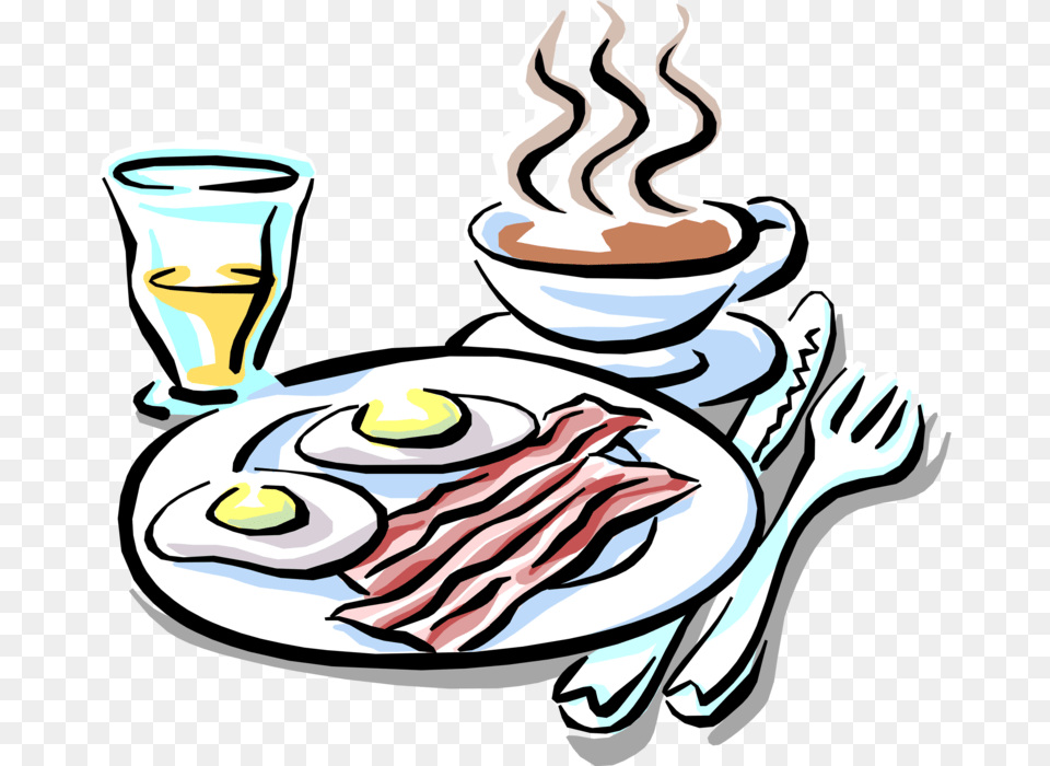 Bacon And Eggs Coffee Cartoon Breakfast Clipart, Cutlery, Dish, Food, Fork Free Png