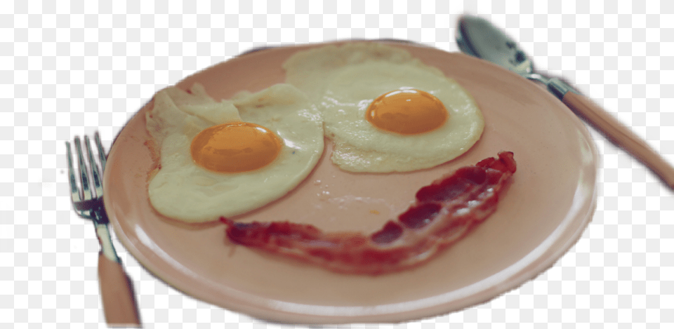 Bacon Beicon Desayuno Huebos Egg Eggs Fried Egg, Cutlery, Food, Fork, Spoon Png Image