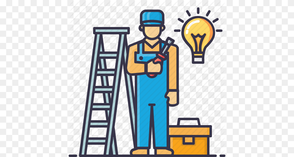 Bag Bulb Driver Electrician Handyman Ladder Screw Icon, Light, Adult, Male, Man Png