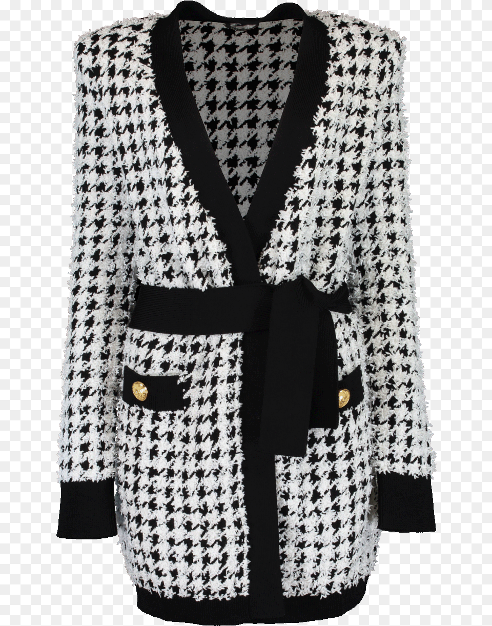 Balmain Houndstooth Belted Cardigan, Clothing, Coat, Fashion, Robe Png Image