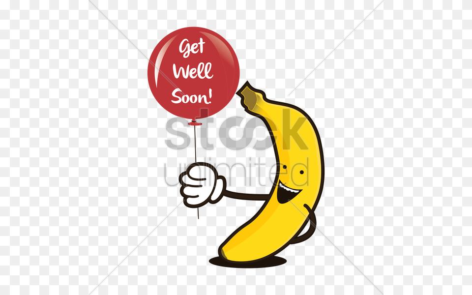 Banana Character Holding A Balloon With Get Well Soon Vector, Food, Fruit, Plant, Produce Png Image